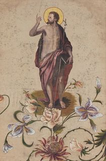 Spanish school, following 16th century models; 19th century. 
"Saint John the Baptist". 
Painted and embroidered silk. 
Measurements: 57.5 x 37 cm; 67