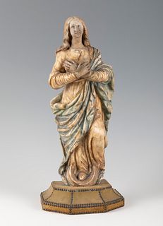 Italian school. 18th century. 
"Immaculate Virgin. 
Alabaster, with polychrome. 
Measurements: 39 cm. high.