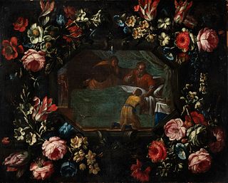 Roman school of the 17th century. 
"Orla de flores con escena de Isaac y Jacob" (Flower border with scene of Isaac and Jacob). 
Oil on canvas. Re-draw