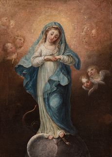 Circle of FRANCISCO BAYEU Y SUBÍAS (Zaragoza, 1734 - Madrid, 1795); end of the 18th century. 
"Immaculate Conception. 
Oil on canvas. Re-retouched. 
I