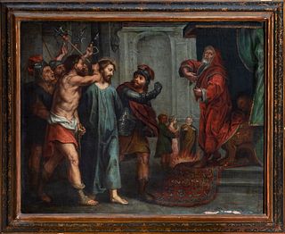 Spanish school, 17th century. 
"Jesus before Herod" and "Ecce Homo". 
Pair of oil paintings on canvas. 
Measurements: 84 x 105 cm; 102 x 122 cm (frame