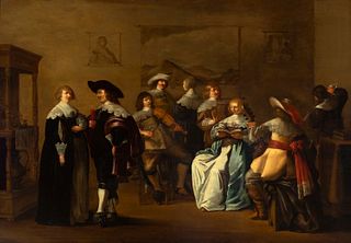FRANÇOIS VERWITT (ca. 1623, Rotterdam - 1691). 
"Gallant Scene in an Interior. 
Oil on panel. 
Signed. 
With label of the Sala Parés (Barcelona) on th