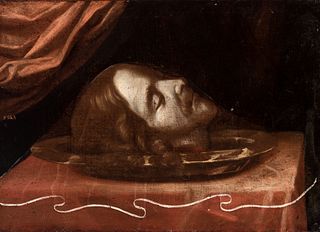School of JOSÉ DE RIBERA (Xátiva, Valencia, 1591 - Naples, 1652). 
"Head of Saint John the Baptist". 
Oil on canvas. Relined. 
Measurements: 46 x 63,5