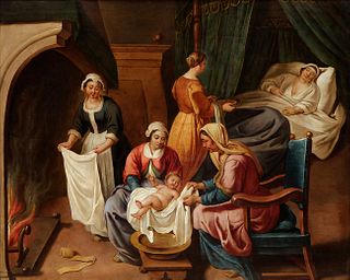 17th century French school. 
"The Birth of the Virgin. 
Oil on copper. 
Size: 71 x 89 cm; 86 x 103 cm (frame).