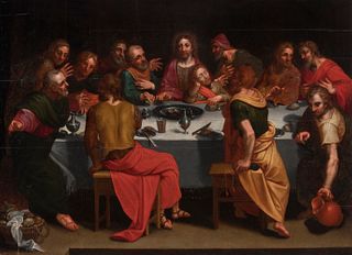 Follower of LEONARDO DA VINCI; 16th century. 
"Last Supper". 
Oil on panel. Engatillada. 
It presents slight restorations and frame of the 19th centur