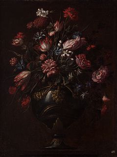 Spanish school, follower of BARTOLOME PÉREZ (Madrid, ca. 1634-1698); early 17th century.
"Floral still life".
Oil on canvas.
It has repainting and ann
