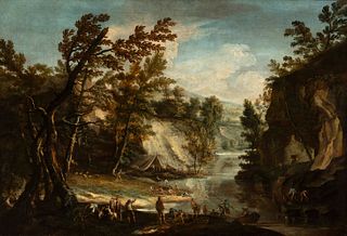 French school of the late 18th century. Circle of CLAUDE JOSEPH VERNET (Avignon, 1714 - Paris, 1789). 
"Landscape with fishermen. 
Oil on canvas. Re-c