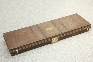 A BLACK JAPANNED METAL STORAGE CASE, rectangular, with lock, carrying handl