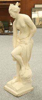 A COMPOSITION STATUARY FIGURE, modelled as a scantily clad nymph perching u