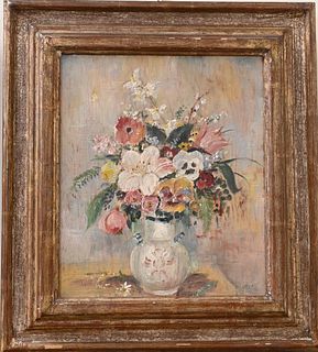 Max KuehneGerman/American, 1880 - 1968 still life with flower arrangement oil on panel signed lower right "Kuehne"having a paper Salmagundi Club lab