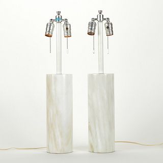 Pr: Nessen Marble Cylinder Table Lamps