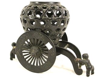 19th C. JAPANESE CAST IRON FLOWER STAND ON WHEELS