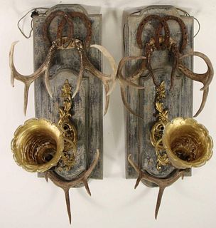 PAIR OF DEER HORN TWO CANDLE WALL SCONCES