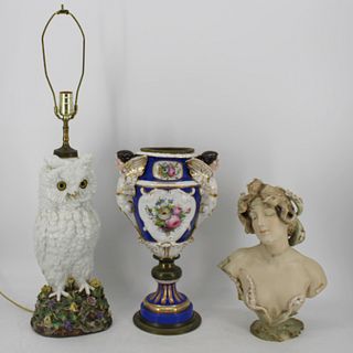 Antique Porcelain Owl, Bust & An Urn .