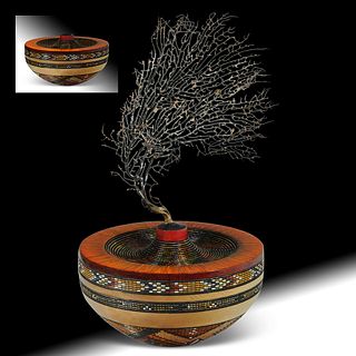 Angels' Fire - 8.5"d x 7"h (vessel); branch adds 9-10"h depending on how installed;  turquoise inlay.