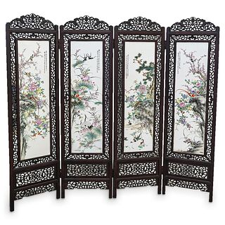 Chinese Famille Rose Porcelain and Wood Pierced Screen