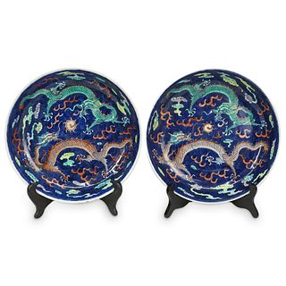 Pair of Doucai Porcelain Kangxi Dragon Bowls