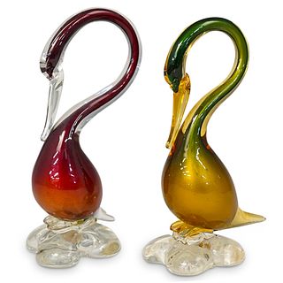 (2 Pc) Murano Art Glass Swan Figurines