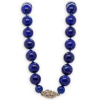 14k Gold Beaded Lapis and Diamond Necklace