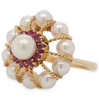 18k Gold, Ruby and Pearl Cocktail Ring