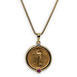$5 Gold Eagle Ruby & Diamond Pendant Necklace