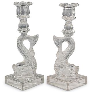 French Dolphin Clear Art Glass Candlesticks