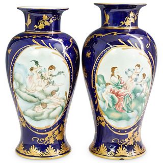 (2 Pc) Large Sevres Style Cobalt Blue Porcelain Vases