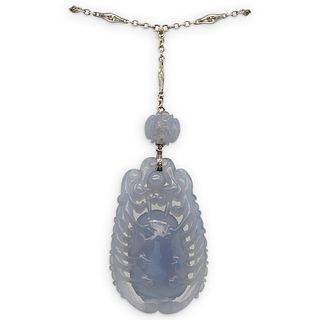 Chinese Art Deco White Gold Agate Pendant & Bead Necklace