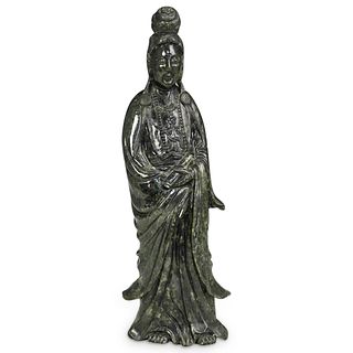 Chinese Carved Guan Yin Spinach Jade Sculpture