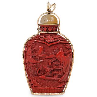 Chinese 14k Gold and Carved Cinnabar Snuff Bottle
