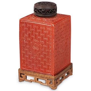 Chinese Red Ceramic Tea Caddy