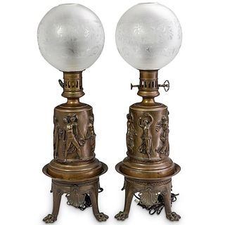 (2 Pc) Large Greco Roman Bronze Lamps