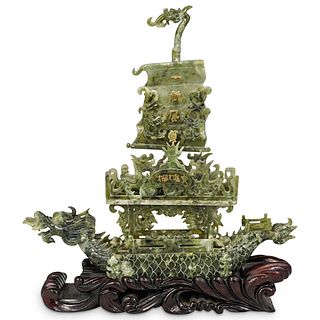 Chinese Carved Spinach Jade Boat
