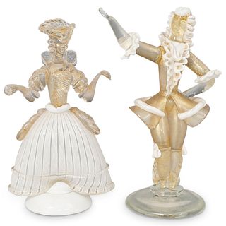 (2 Pc) Murano Glass Clear & Gold Venetian Figurines