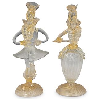 (2 Pc) Murano Glass White & Gold Venetian Figurines
