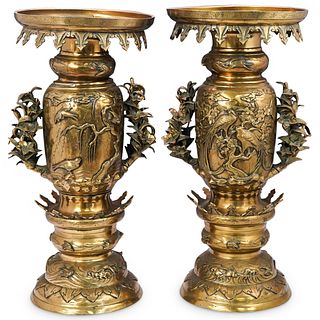 Pair of Japanese Ornate Bronze Pedestal Planters
