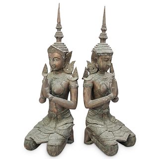 Pair Of Thai Bronze Mixed Metal Statues