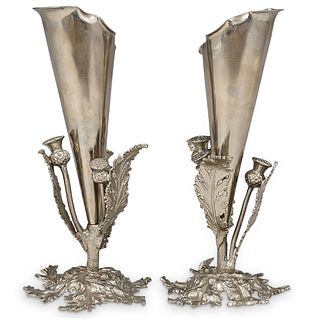 (2 Pc) Silver Plated Floral Bud Vases