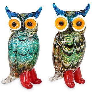 (2 Pc) Murano Art Glass Owl Figurines