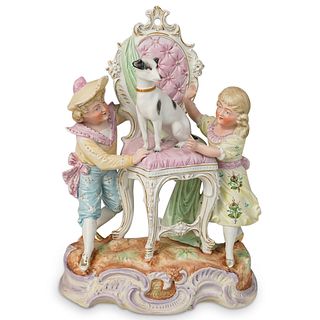 "Boy & Girl w/ Dog" Bisque Porcelain Figurine
