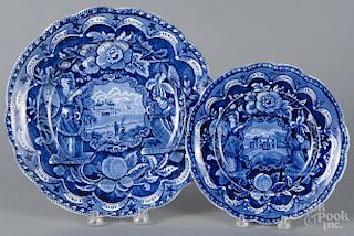 Two Historical blue Staffordshire Peace and Plenty plates, 19th c., 7 3/4'' dia. and 10 1/2'' dia.