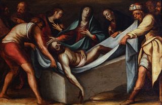 Italian school of the late sixteenth century. "Burial of Christ" Oil on panel. Cradled