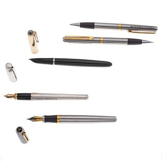 Tres plumas fuente, un bolígrafos y lapicero de la marca Dupont, Inoxcrom y Parker en acero y resina. Clip en acero dorado y plateado.