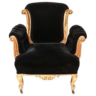 French Art Deco Manner Giltwood & Velvet Armchair