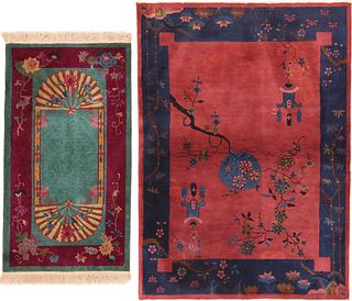 TWO ANTIQUE CHINESE ART DECO RUGS - No reserve. 4 ft 6 in x 2 ft 6 in (1.37m x 0.76m) + 5 ft 9 in x 4 ft 1 in (1.75m x 1.24m)
