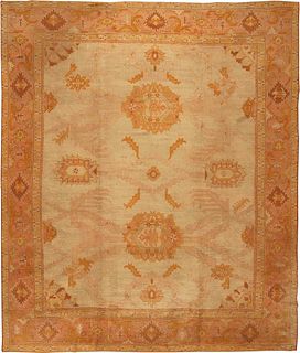 OVERSCALE ANTIQUE PALE TURKISH OUSHAK CARPET. 14 ft 5 in x 12 ft 3 in (4.39 m x 3.73 m).