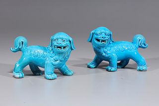 Pair of Chinese Blue Glazed Porcelain Lions