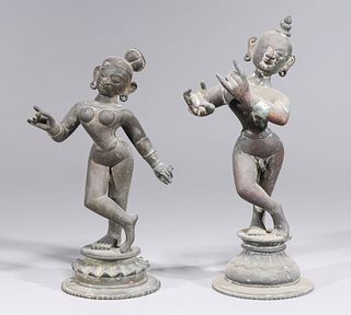 Pair Antique Cast Bronze Statues Krishna and Radha
