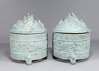 Pair of Chinese Ceramic Tripod Covered Censers