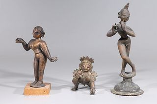 Three Antique Bronze Statues of Krishna, Radha and Bala Krishna